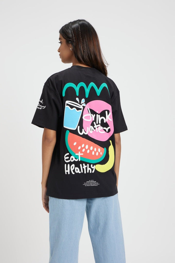 Drink water and eat healthy printed oversized tshirt